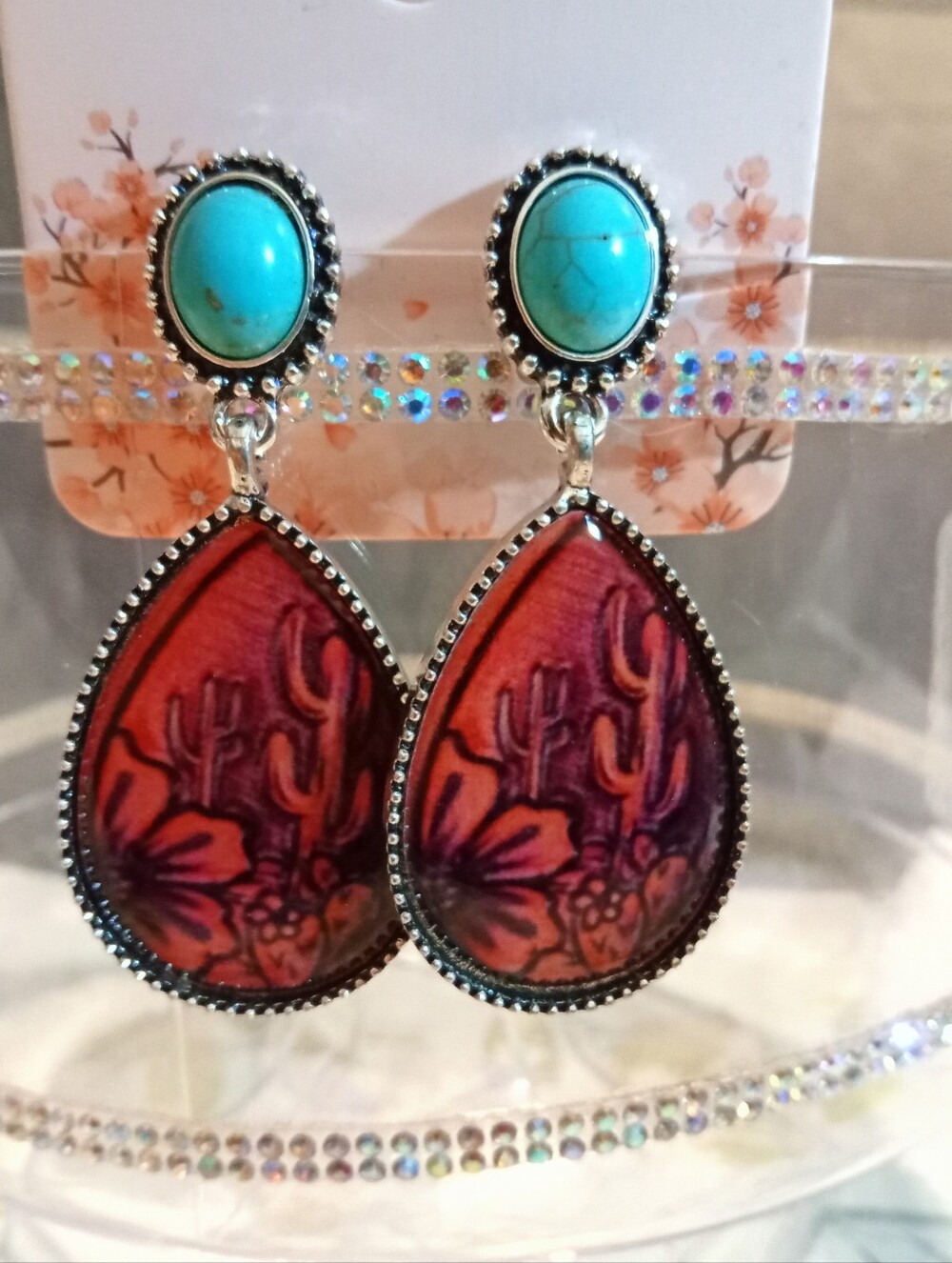Turquoise & Red Teardrop Western Earrings